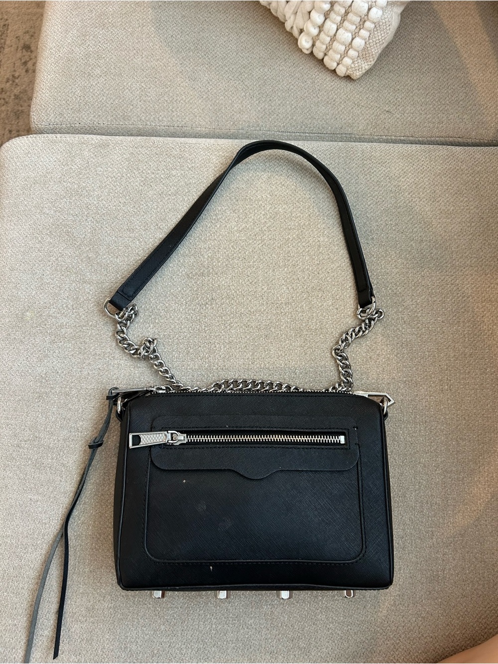 Rebecca Minkoff Black Leather Crossbody with Chain and Top Zip